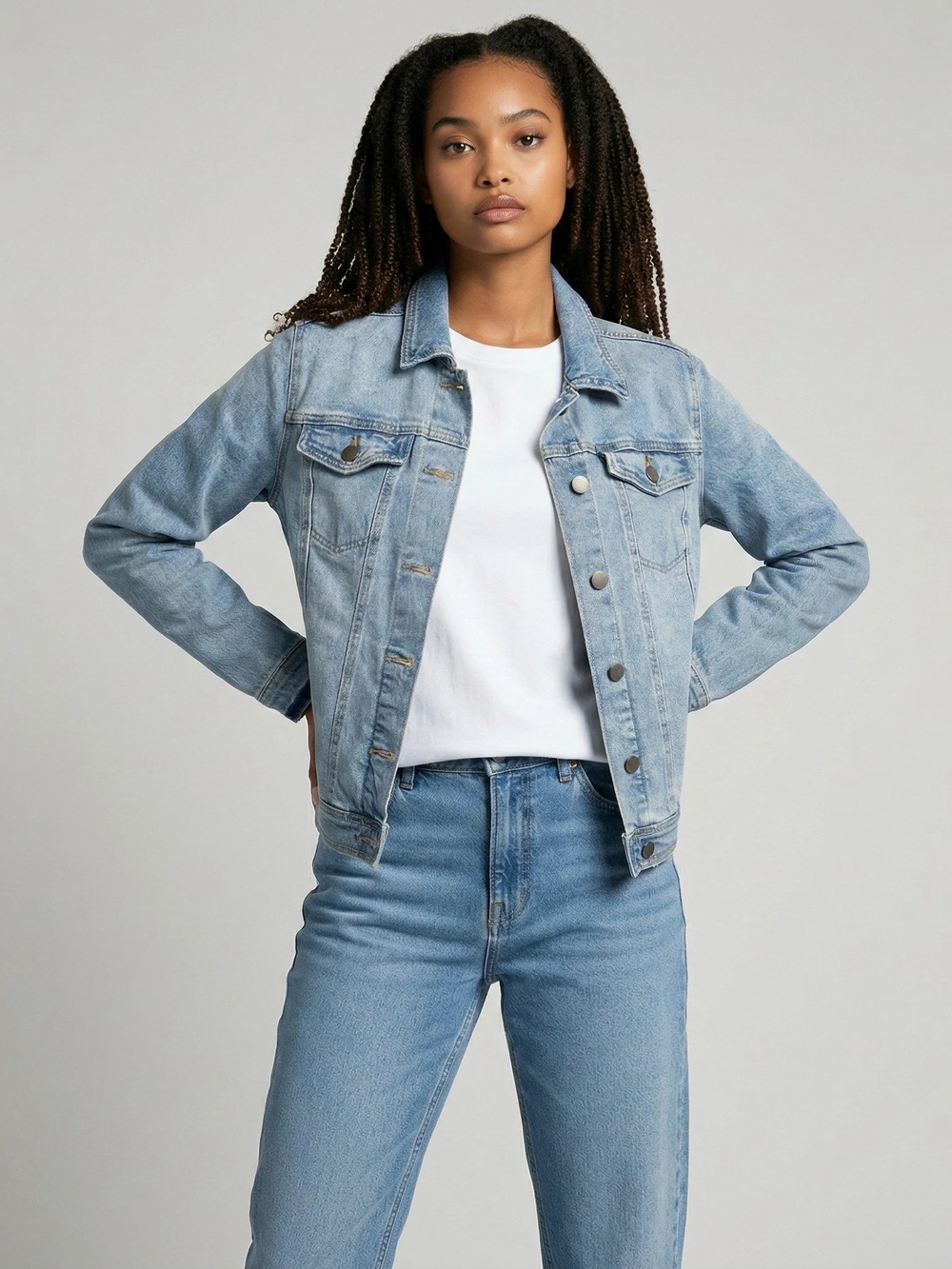 Universal Thread Light Blue Denim Jacket with Button Front Distressed Cuffs